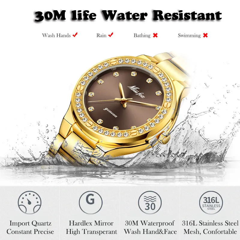 MISSFOX элегантные женские часы люксовый бренд женские наручные часы япония Movt 30 м Водонепроницаемые золотые дорогие аналоговые Geneva кварцевые часы