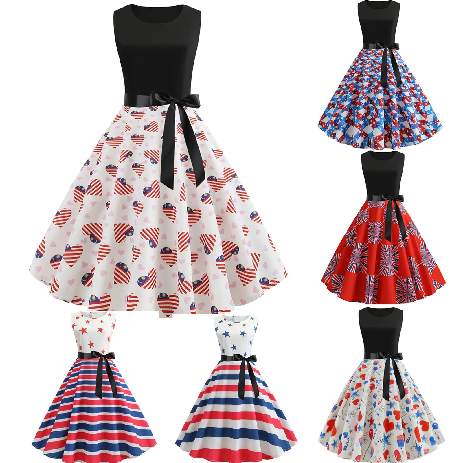 ashion Flag Print Dress For Ladies New Women's Short Sleeve Independence Day Black Ribbon Waist Gathering Big Hem Dress Mujer 1