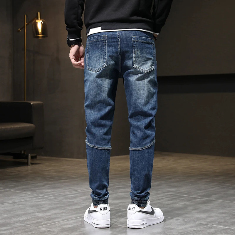 Jeans Men Jogger Pants Elastic Waist Harem Pants Blue Relaxed Tapered Fit Fashion Casual Jeans Male