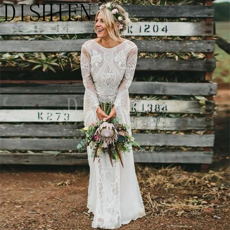 long sleeve lace bohemian wedding dress