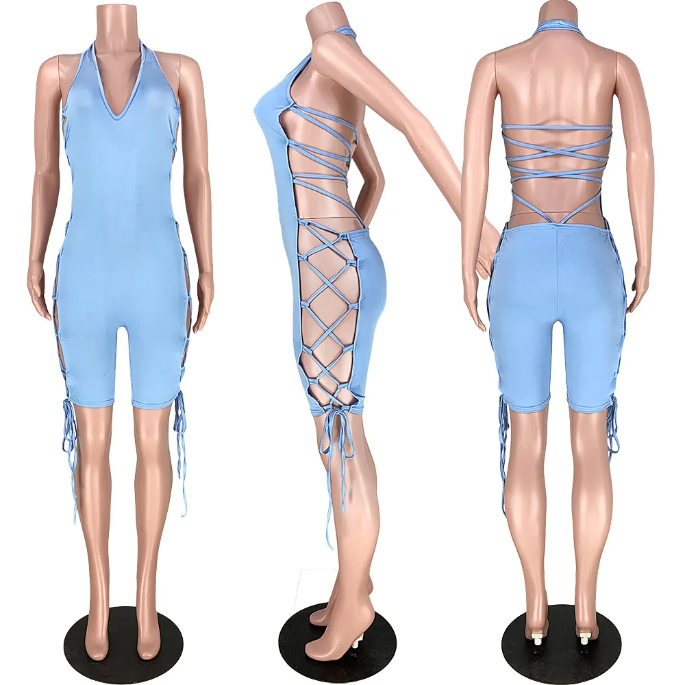 ANJAMANOR 2020 Summer Sexy Clubwear One Piece Outfit Women Short Romper Lace Up Hollow Backless Bodycon Jumpsuit D74-AB47 ANJAMANOR 2020 Summer Sexy Clubwear One Piece Outfit Women Short Romper Lace Up Hollow Backless Bodycon Jumpsuit D74-AB47