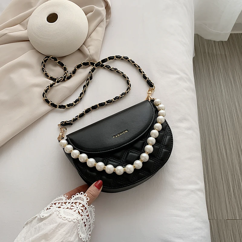 

2020 summer new style shoulder bag solid color PU female bag pearl chain handbag saddle bag fashion messenger bag wallet