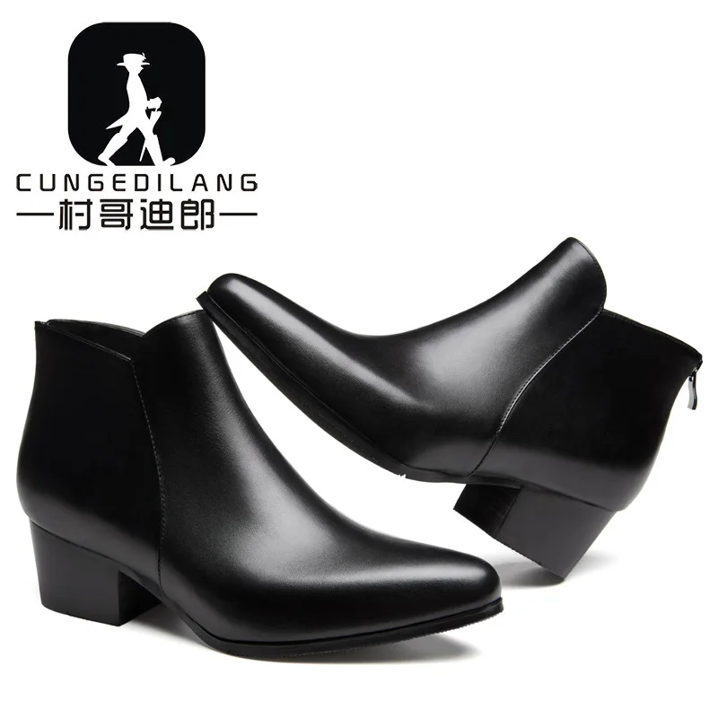 

High Heel Pointed Leather Boot Men's Hight-top Cattle Leather Boot Heel Zipper Leather Boot Sub-Korean-style Slip-on Men's Boot