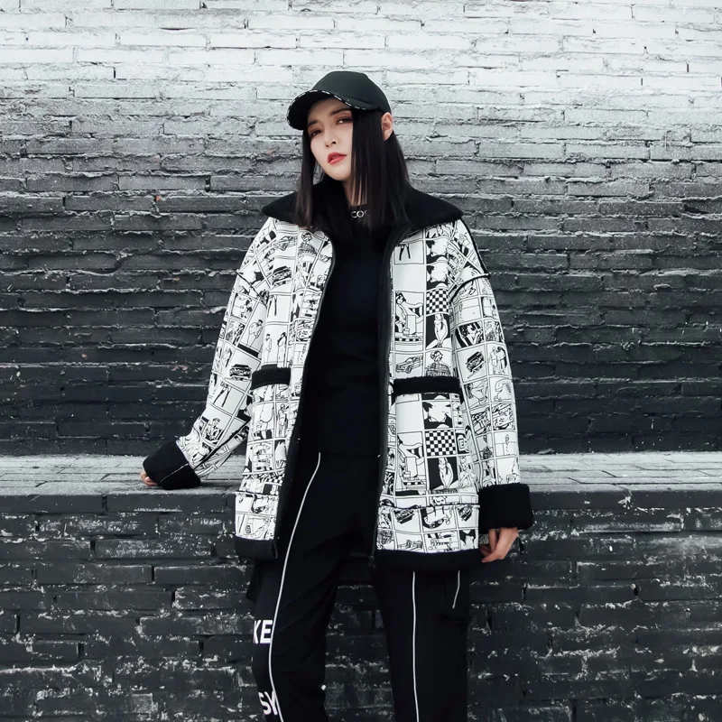 

Lamb Fur Jacket Women Fleece Coat BF Flocking Thick Warm Parka with Fur Print Winter Girls Short Jacket Zip Windproof Turtleneck