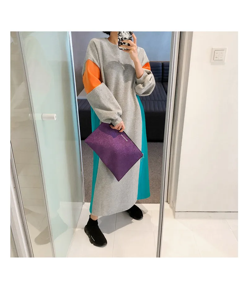 RUGOD New Women Stiching Sweatshirt Dress O-neck Contrast Color Loose Long Thicken Vestidos Korean Lazy Cozy Winter Dress