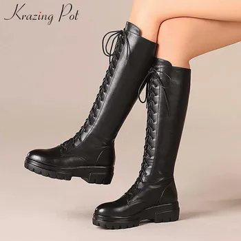 

krazing pot hot big size leisure simple style waterproof cow leather boots round toe thick bottom lace up thigh high boots L1f6