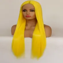 Желтый шелковистый прямой синтетический парик фронта шнурка бесклеевой термостойкие волокна средний пробор естественная линия волос для женщин девушка парик