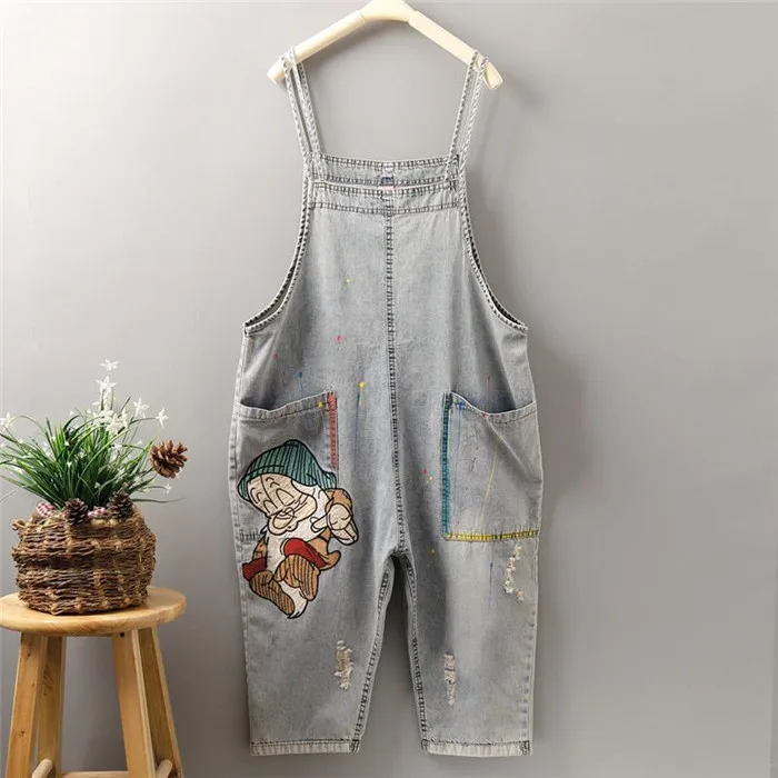 Cartoon embroidered Women Denim Jumpsuit Baggy Suspenders Cowboy Pants Hole Ripped Casual Loose Female Jeans Rompers |