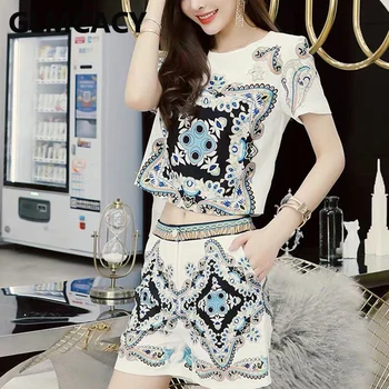 

Women Two Piece Short Sleeve Retro Printed Top Shirt & High Waist Bodycon Short Plus Size Sets