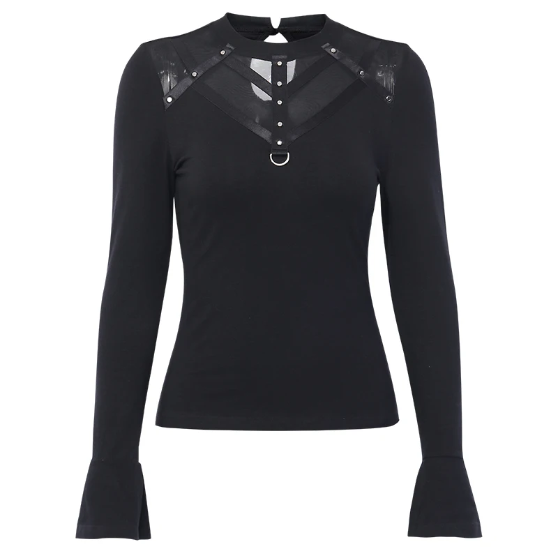 InsGoth сетчатые Лоскутные облегающие черные топы с длинным рукавом для женщин Готическая уличная одежда панк Облегающая водолазка женские футболки Harajuku