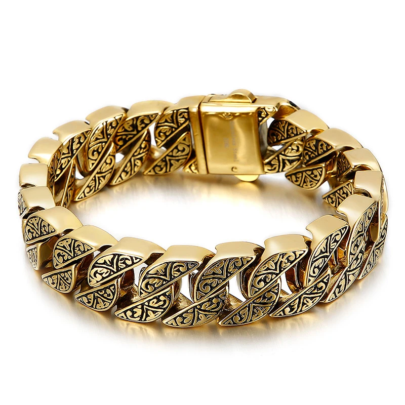 

Vintage Curb Cuba Chain Unique Carving Stainless Steel Bracelets For Men Punk Link Jewelry