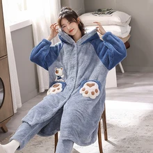 Pajamas for Women Autumn Winter Flannel Thick Warm Sleepwear Cute Cartoon Long Bathrobe Pajama Sets Fashion Hooded Robe Nightie