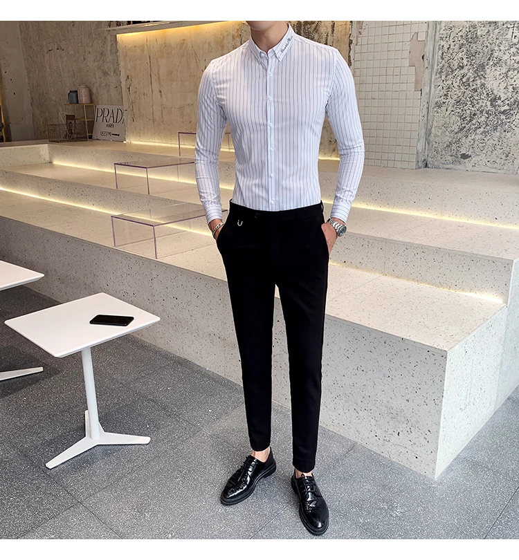 Мужская одежда, рубашки в полоску с длинным рукавом, 2019, приталенная белая офисная рубашка, черная полосатая рубашка-смокинг, мужская