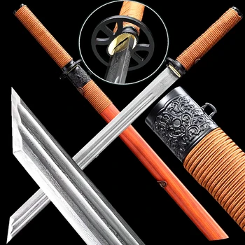 

Red Wood Saya/Iron Tsuba Japanese Samurai Straight Sword Katana Folded Damascus Steel Sharp Japanese Ninja Wakizashi Broad Knife
