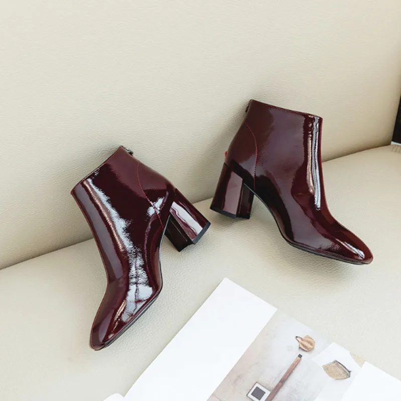Bootie/ г. Новые осенне-зимние ботинки из лакированной кожи на высоком каблуке в южнокорейском стиле Ботинки martin на молнии