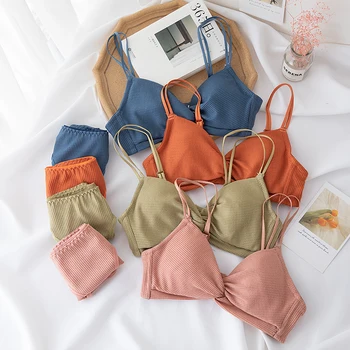 

Wriufred Underwear set female comfortable wire free sexy girl bralette adjustment type gathered flat bra and briefs set women