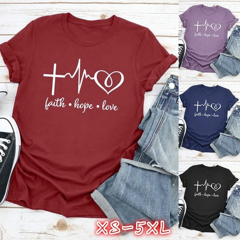 Рубашка с надписью Faith Hope Love Женская рубашка Christian свободная вертикальным