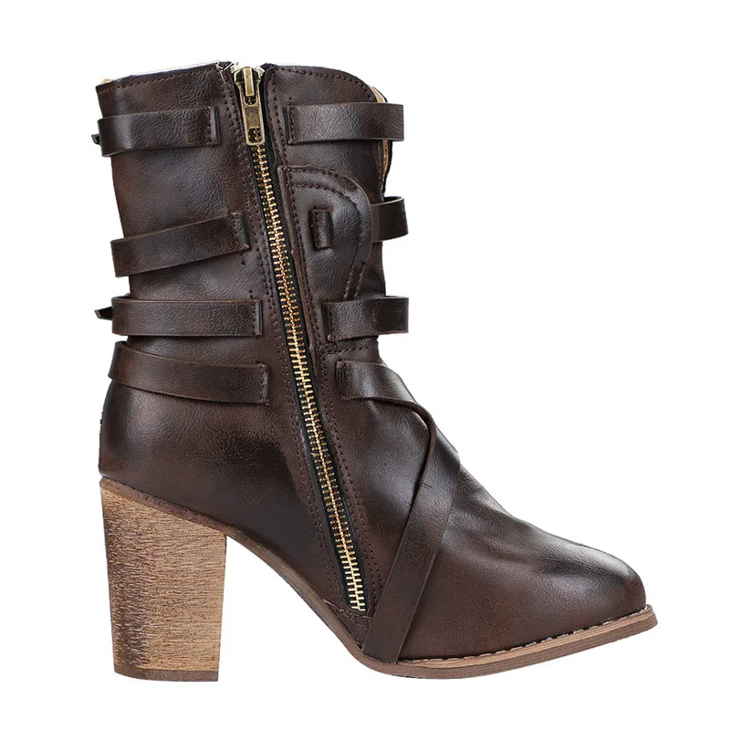 Женские ботильоны на высоком квадратном каблуке; botas zapatos mujer; зимняя кожаная обувь в стиле ретро; ботинки в ковбойском стиле; большие размеры 35-43