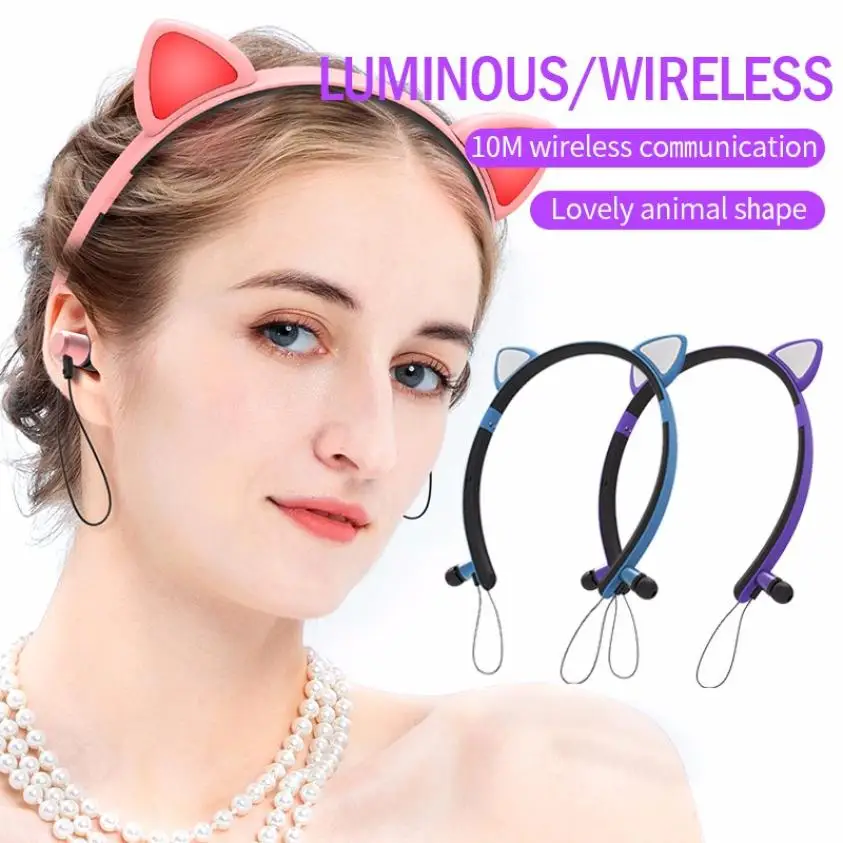 

Cute Cat Ears Bluetooth 5.0 Headset Wireless Hifi Music Stereo Bass Head phones LED Light Mobile Phones Girl Daughter Headset