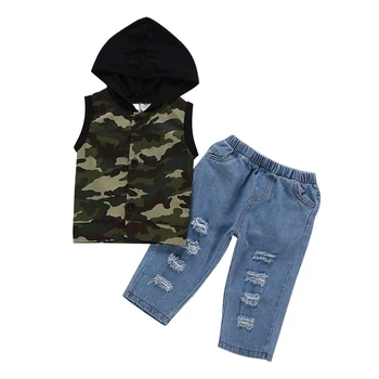 

2pcs Newborn Infant Baby Boy Clothes Camouflage 2020 Summer Hooded Vest Top Denim Pants Trousers Outfits Sets Kids Clothes