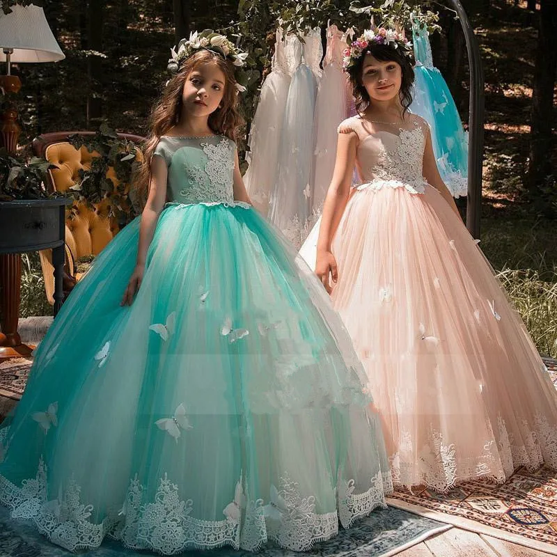 97 Elegant PinkBlue Flower Girl Dresses For Weddings Lace Ball Gown Sleeveless First Communion Dresses For Girls Vestido Longo
