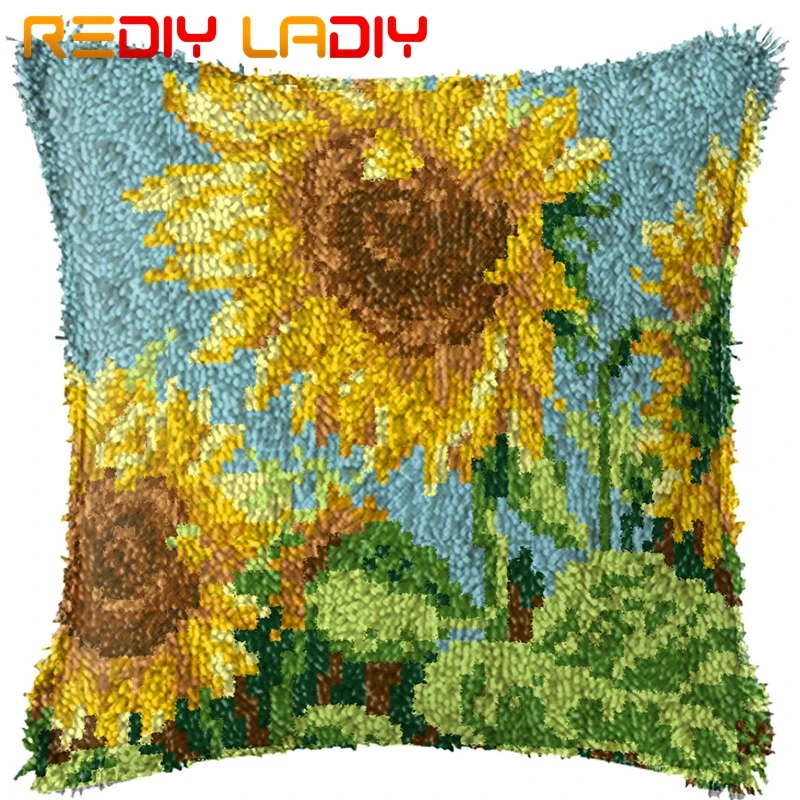 Latch Hook Cushion Summer Sunflowers Pillow Case Printed Color Canvas Acrylic Yarn Latched Crochet Cover Kit | Дом и сад