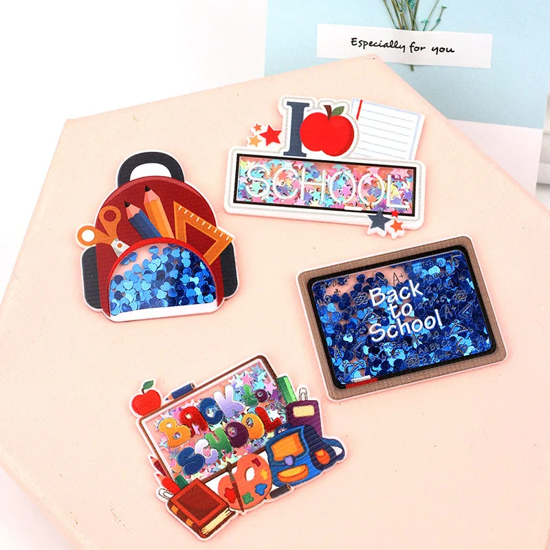 

4pcs Back To School Acrylic Shakers Quicksand Accessories Flat Back DIY Hair Bows Supplies Handmade Material Phone Case Sticker