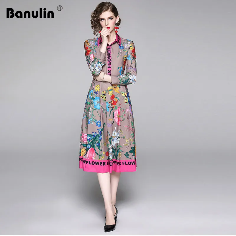 

Banulin Runway Autumn Dress 2020 Summer Spring New Fashion Luxury Vintage Flower Letter Printed Midi Dress Women Holiday Dresses