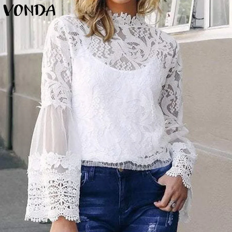 

VONDA 2019 Autumn Women Shirts Woman Blouse And Tops Female Sexy Lace Blusas Ladies Office Tank Tops Plus Size Hollow Out Tunic