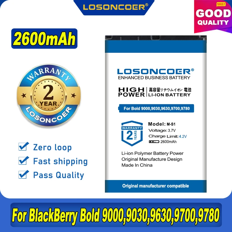 100% Оригинальный LOSONCOER Новый 2600 мА/ч M-S1 Батарея для BlackBerry Bold 9000 9030 9630 9700 9780 с рукавом