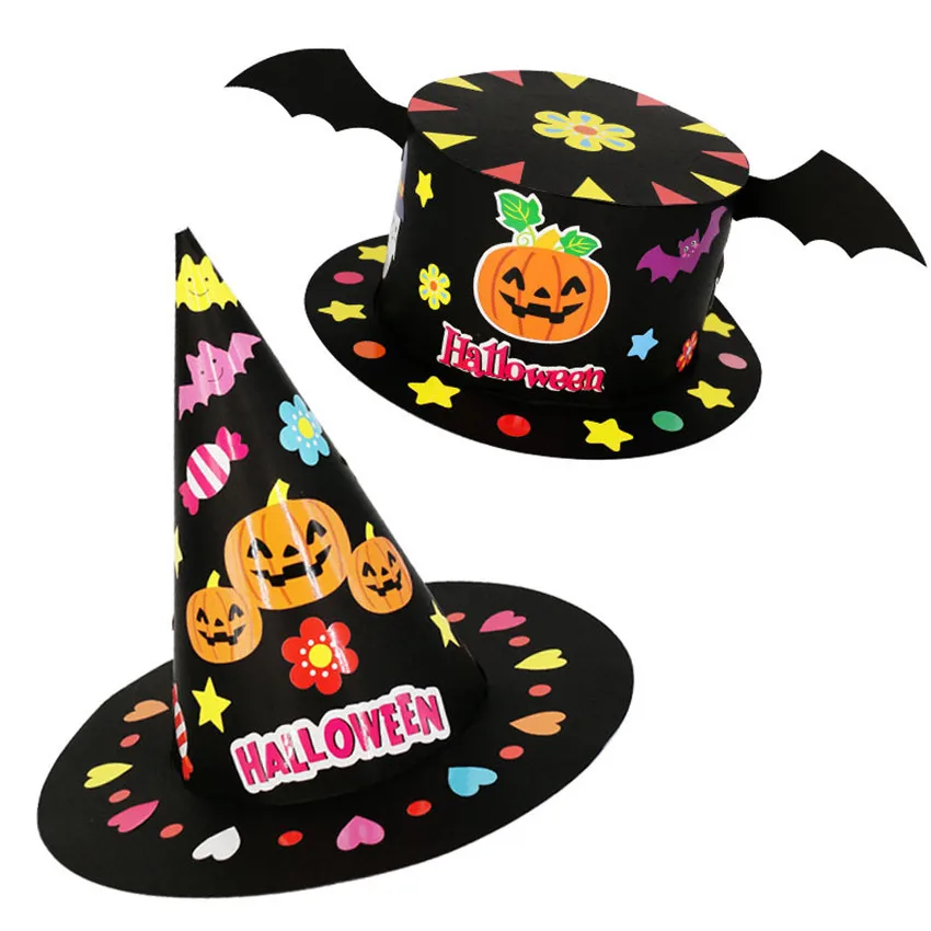 Halloween Party Hats Cartoon Paper Cap Ornament Hat for Children Kids Halloween Hats Craft Kits DIY Cone Hat