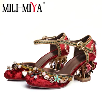 

MILI-MIYA Women Velvet Pearl Studded Ankle Strap Wedding High Heels Women Crystal Buckle Retro Style Rhinestone Flower Shoes