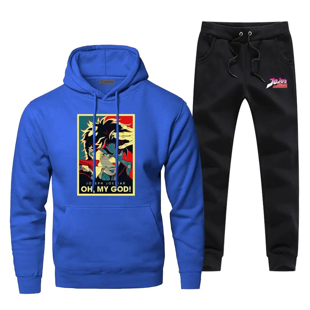 Blue Jojos Необычные Приключения мужские толстовки наборы из двух частей брюки Толстовка тренировочные брюки уличная спортивная Harajuku толстовки - Цвет: Blue
