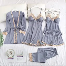 High-end Luxury Satin Chiffon Ladies Pajamas 5-piece Set Korean Style Sexy Lace Comfortable Home Wear Pajamas Women