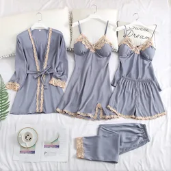 High-end Luxury Satin Chiffon Ladies Pajamas 5-piece Set Korean Style Sexy Lace Comfortable Home Wear Pajamas Women