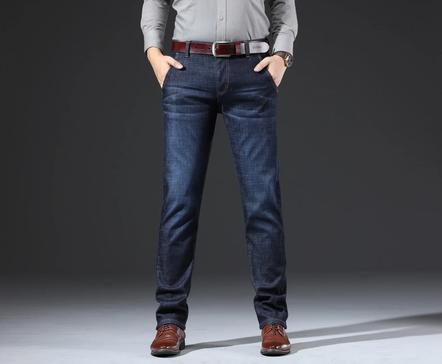 DAISHU Winter Warm Fleece Men's Jeans Thick Denim Jeans Straight Fit Trousers Cotton Velvet Pants men Large size 40 42 44