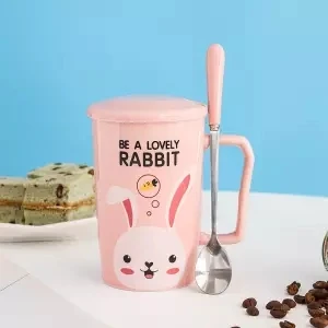 Кофейные кружки, чашки для девушек, студенческие милые чашки, керамические чашки, кофейные чашки для мужчин и женщин, Мультяшные чашки с крышкой, ложки, чашки для дома - Цвет: 400ML set