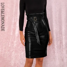 LOVE&LEMONADE флуоресцентная черная высокая Талия гофрированная тонкая PU юбка(с поясом) LM82115