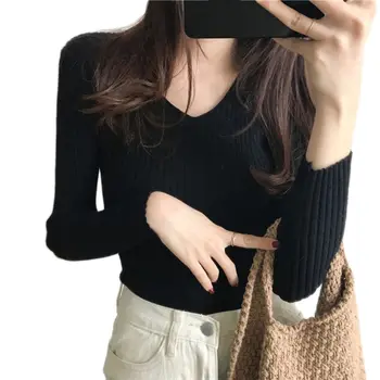 

Womens Autumn Basic Sexy V-Neck Sweater Plain Solid Color Ribbed Knitted Pullover Tops Vertical Striped Slim Jumper