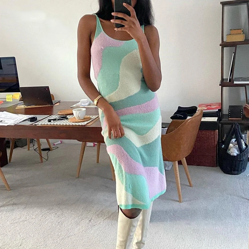 

3 Styles Women Knit Halter Dress Ladies Slim Fit Sleeveless Geometric Print U-shaped Neck Fashion Summer Dresses Outfits