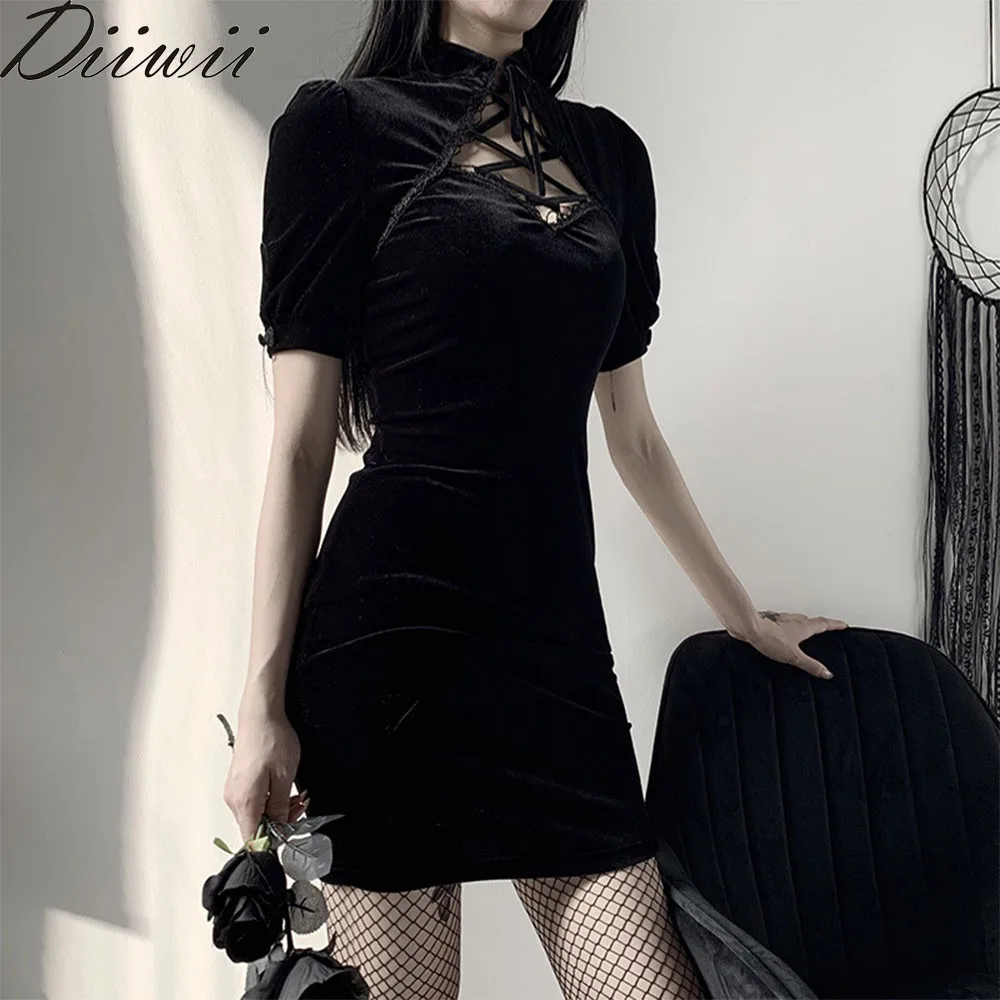 

DiiWii Hot Style Girls Retro Dark Sexy Modified Cheongsam Dress Belt Suave High Waisted Slim Little Black Dress