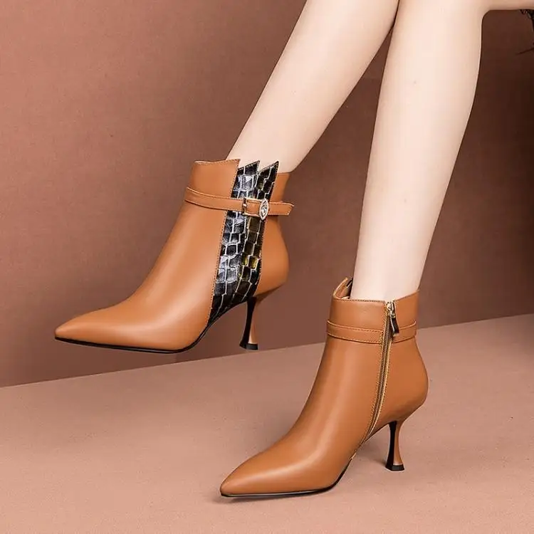 

Tip Shoe Female Autumn and Winter 2019 Leather Stitching High-heeled Fashion Boots with Fine Heels