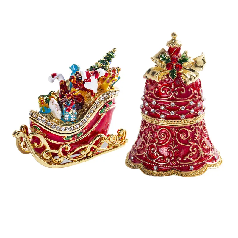 H&ampD Set of 2 Hinged Trinket Box With Crystals Hand-painted Christmas Theme Decorative Jewelry Ring Holder Collectible Xmas Gift | Дом и сад