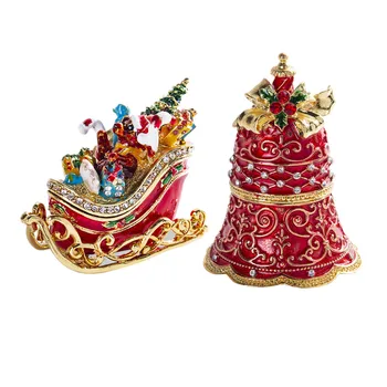 

H&D Set of 2,Hinged Trinket Box With Crystals Hand-painted Christmas Theme Decorative Jewelry Ring Holder Collectible Xmas Gift