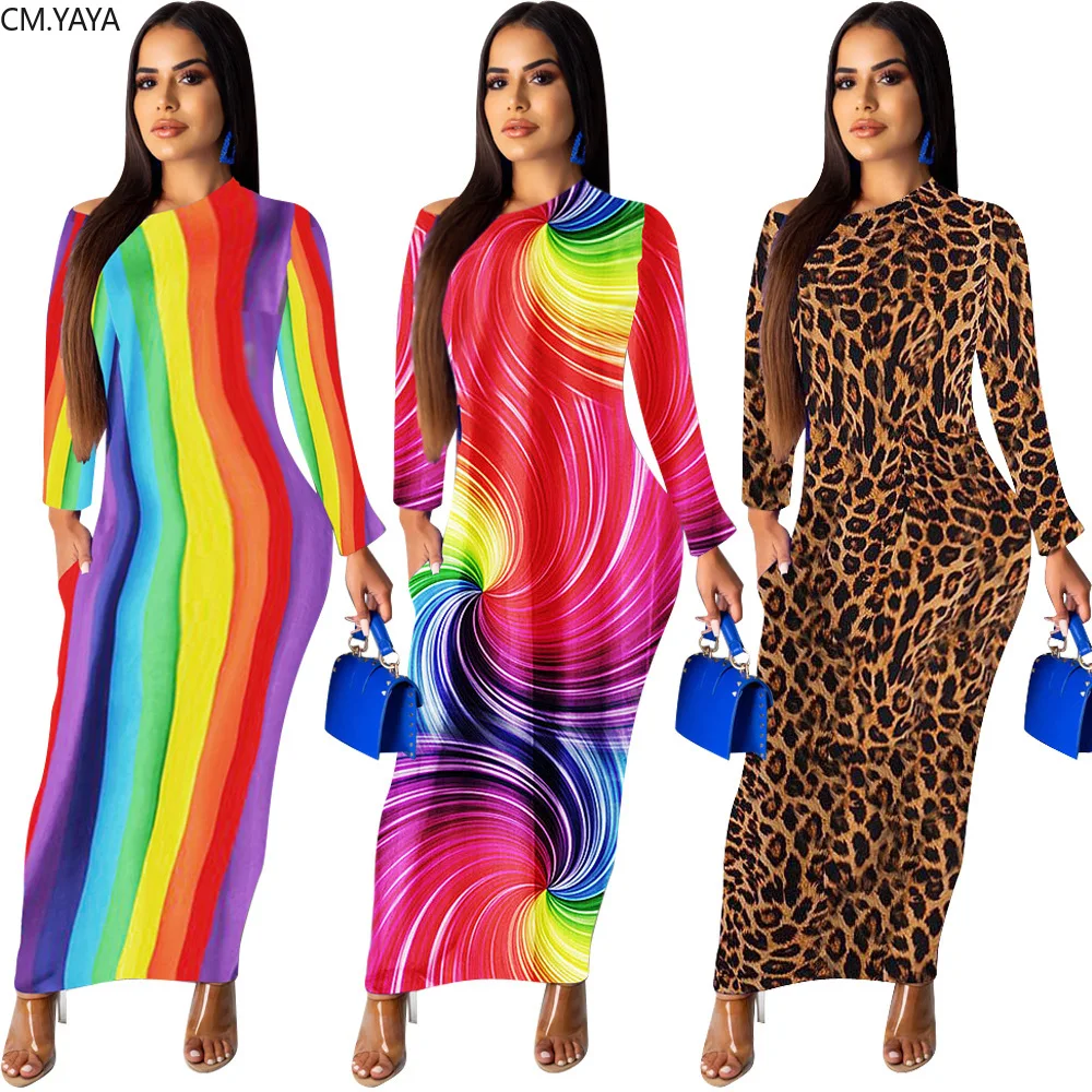 

Autumn Women Rainbow Geometric Leopard Print Maxi Dress Sexy Evening Long Sleeve Slash Neck Bodycon Long Dresses Vestidos GL5112