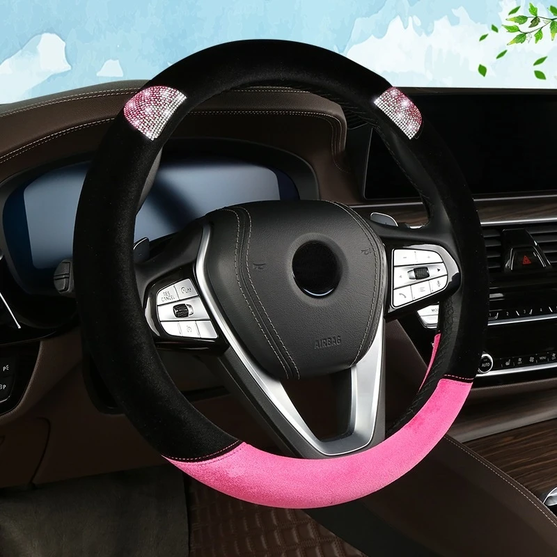 

Car Steering Wheel Cover 38 Cm Cartoon Diamond Ears Decoration for Girls Women Rhinestone Auto Handle Cover Bling Accessories