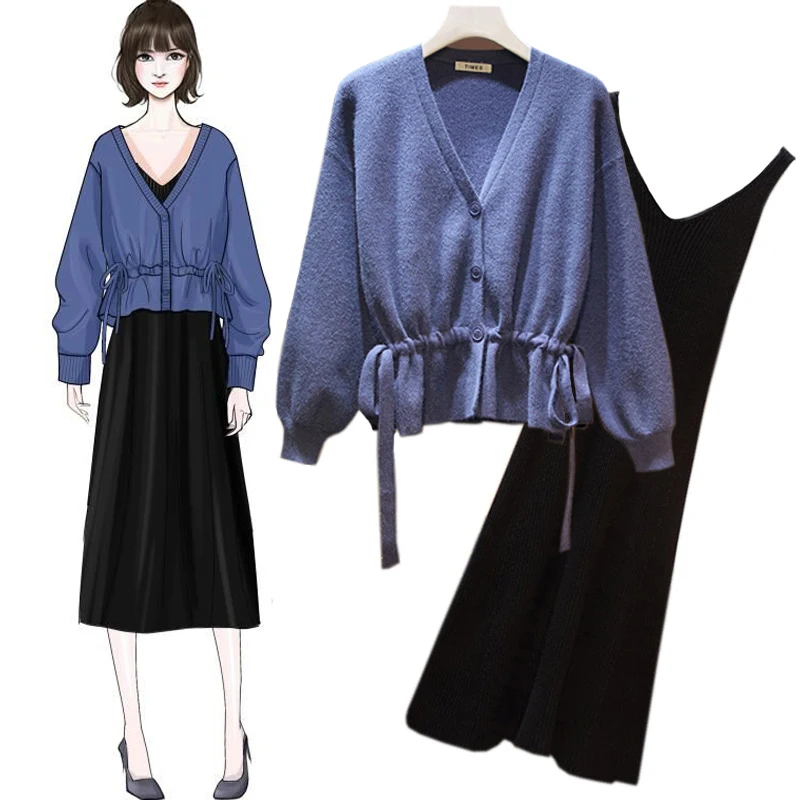 

Plus Size 5XL Knit Single Breasted Lace-up Tunic Cardigan Sweaters Tops+High Waist Knit Spaghetti Dress Women Autumn Winter Sets