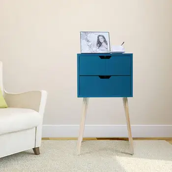 

One Blue End Table Nightstand Storage Wood Bedroom Table 2 Drawers Durable Sturdy Nightstand Fashion Business Style JJ0003