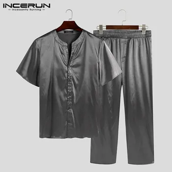 

Men Pajamas Sets Solid Homewear Short Sleeve V Neck Breathable Sleepwear Pants Soft Casual Mens Nightwear Sets INCERUN Plus Size