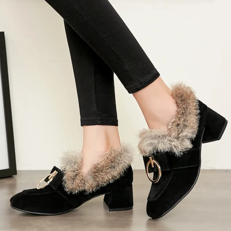 

US4-11 Womens Square Toe Real Rabbit Fur Metal Decor Bowknot Block Chunky Heel Snow Warm Ankle Boots Winter Shoes 3Colors Plus